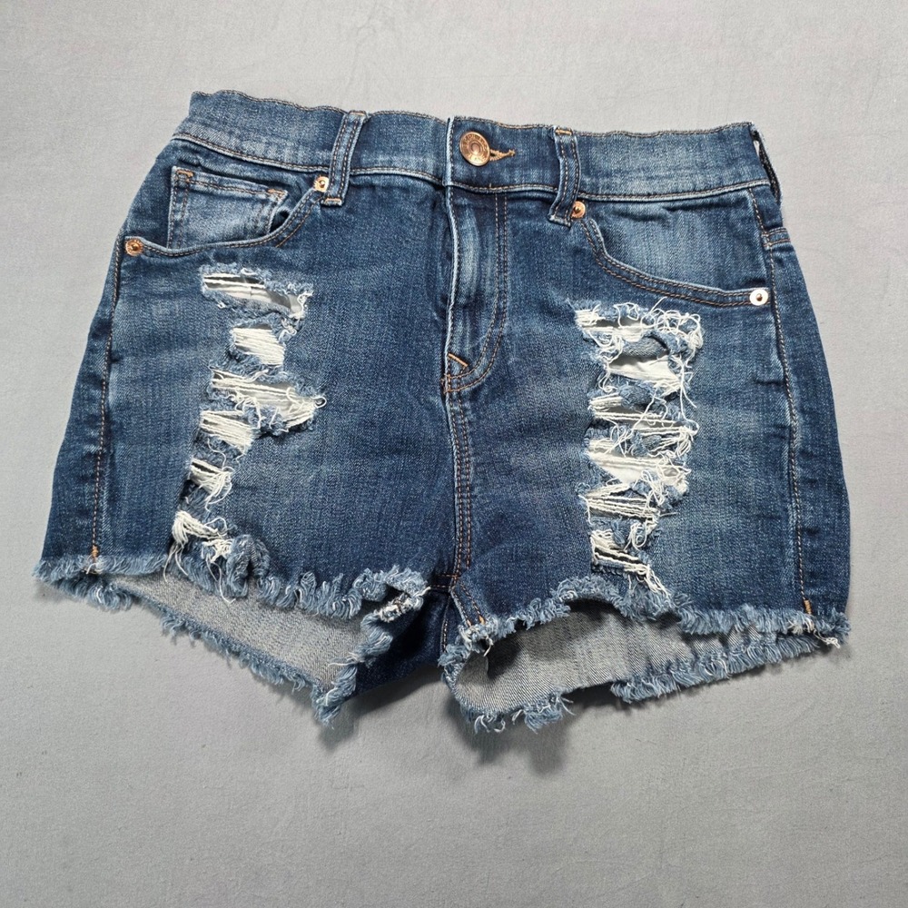 Express Jean Womens Distressed Denim Cut Off Shorts Blue Medium Wash Size 0